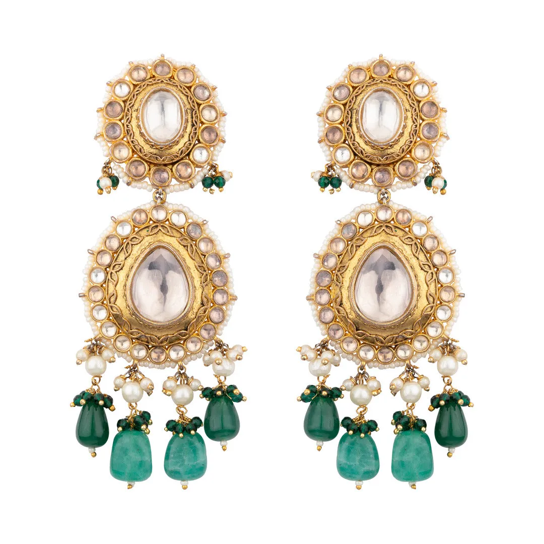 Gold Plated Kundan Polki with Green Beads Drop Choker Necklace & Dangler Earrings Set - VN555