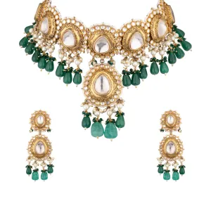 Gold Plated Kundan Polki with Green Beads Drop Choker Necklace & Dangler Earrings Set - VN555