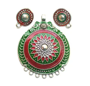 Green and Red Enamel Round Pendant with Studs