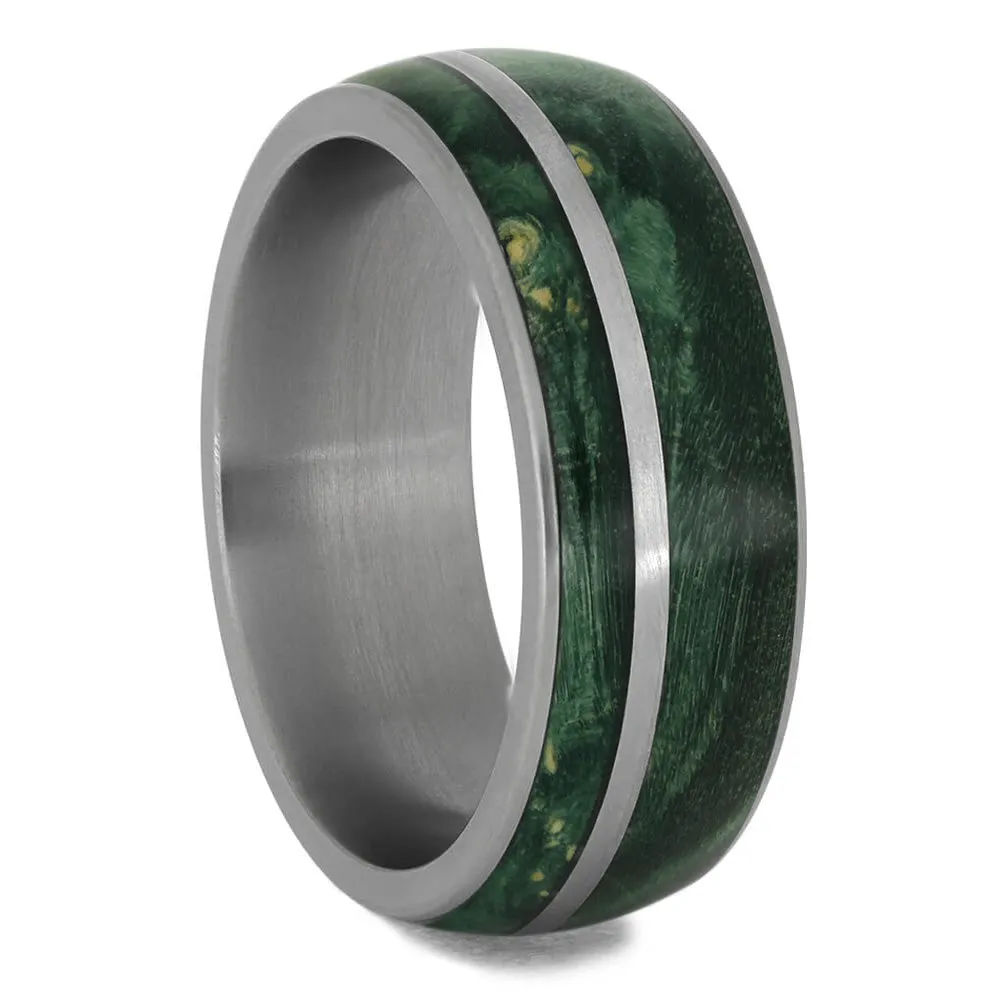 Green Box Elder Burl Wood Ring with Titanium Pinstripe