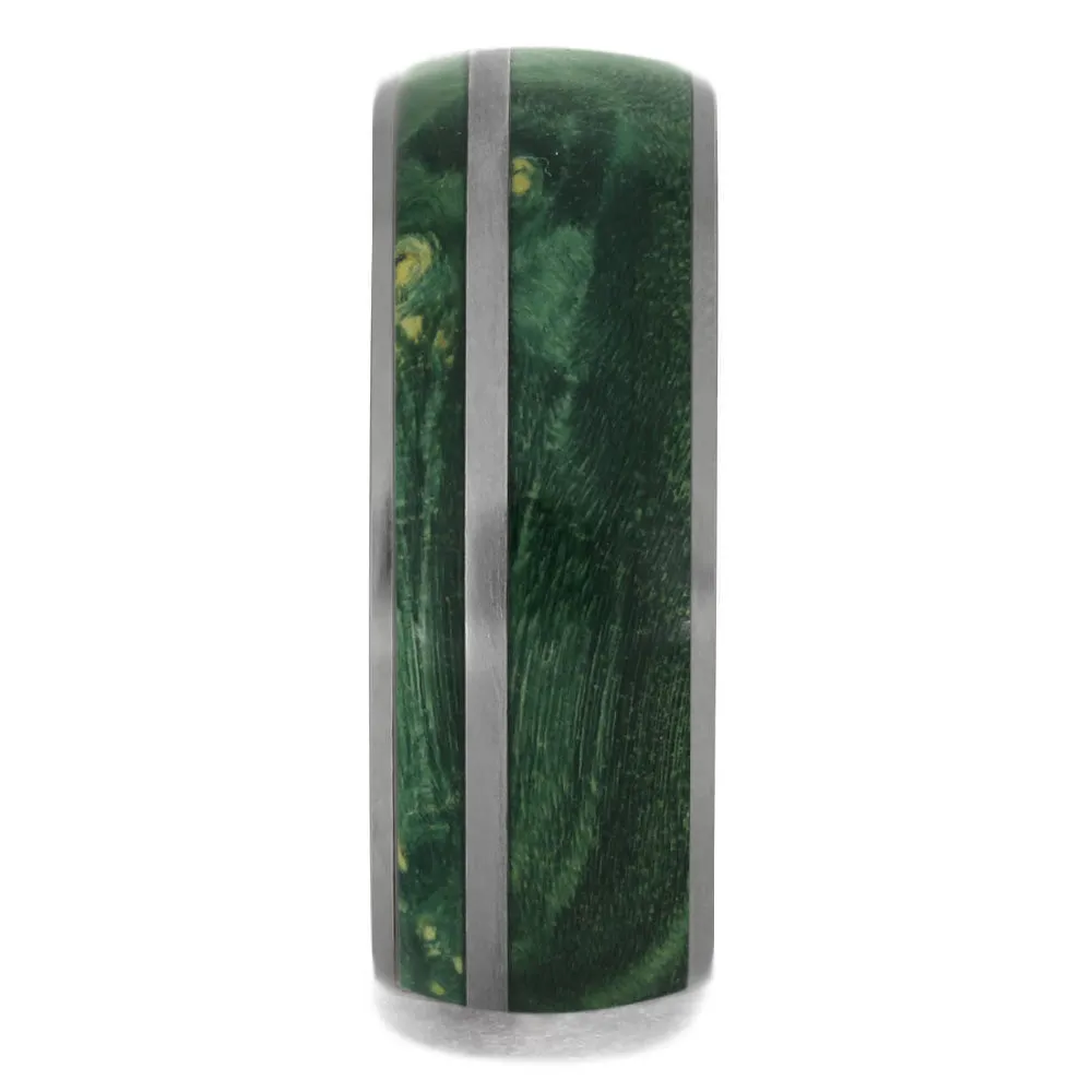 Green Box Elder Burl Wood Ring with Titanium Pinstripe