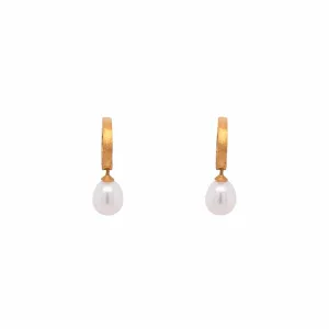 Huggie Hoop White Pearl Drop Earrings 24K Fair Trade Gold Vermeil