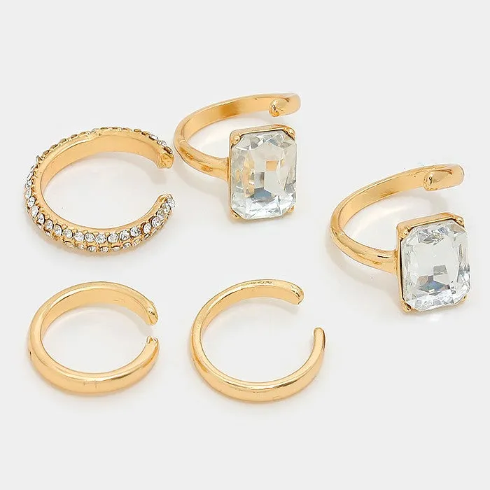 iLLASPARKZ 5 PCS - Emerald cut crystal & metal cuff rings