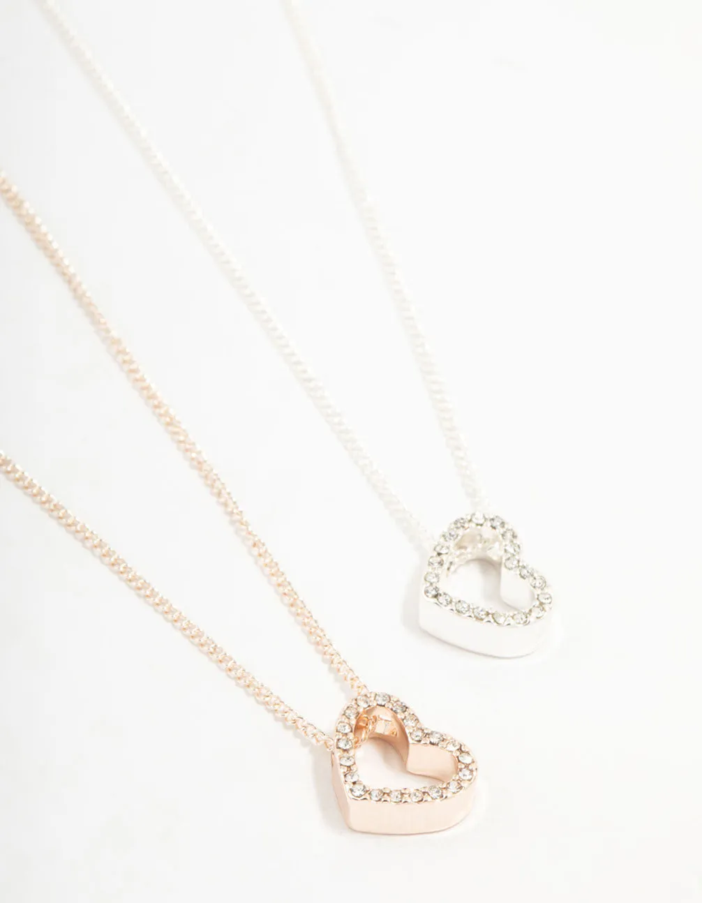 Mixed Metals Diamante Side Heart Necklaces 2-Pack