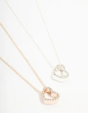 Mixed Metals Diamante Side Heart Necklaces 2-Pack