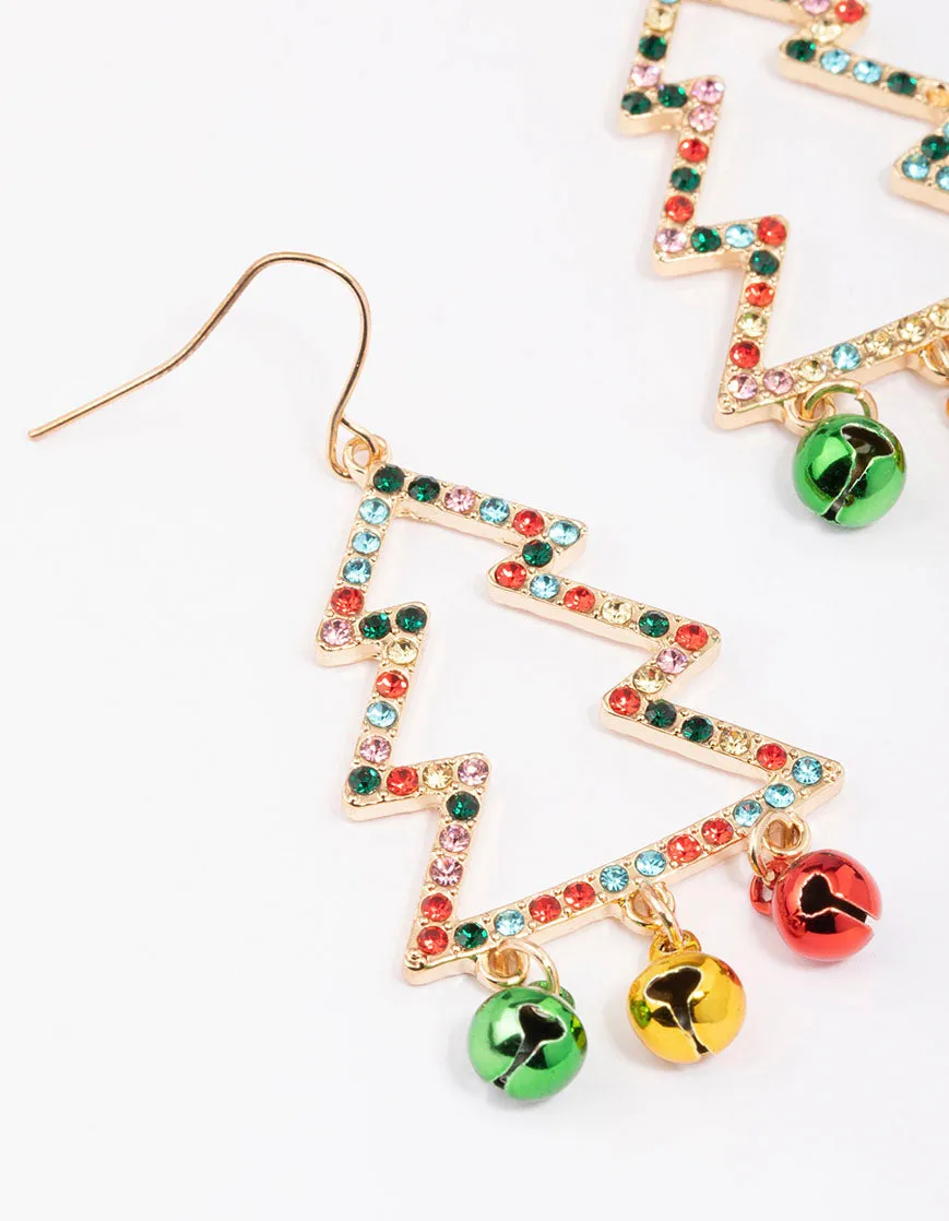 Multicoloured Diamante Tree & Bells Drop Earrings