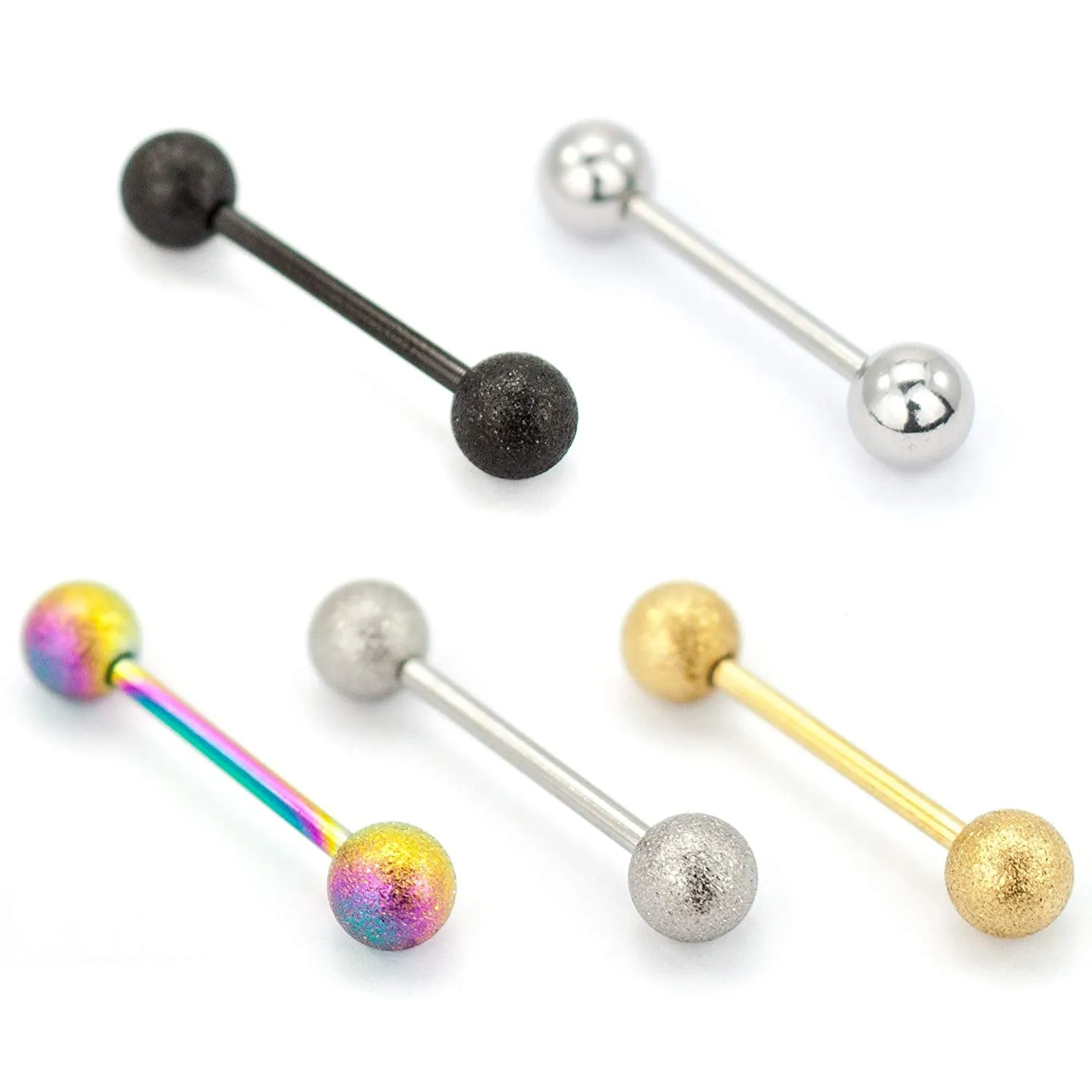 Pierce2go 5 Pack Sandblast Barbell Rings, Stainless Steel Tongue Ring, 14 Gauge - 5/8" Barbell Length