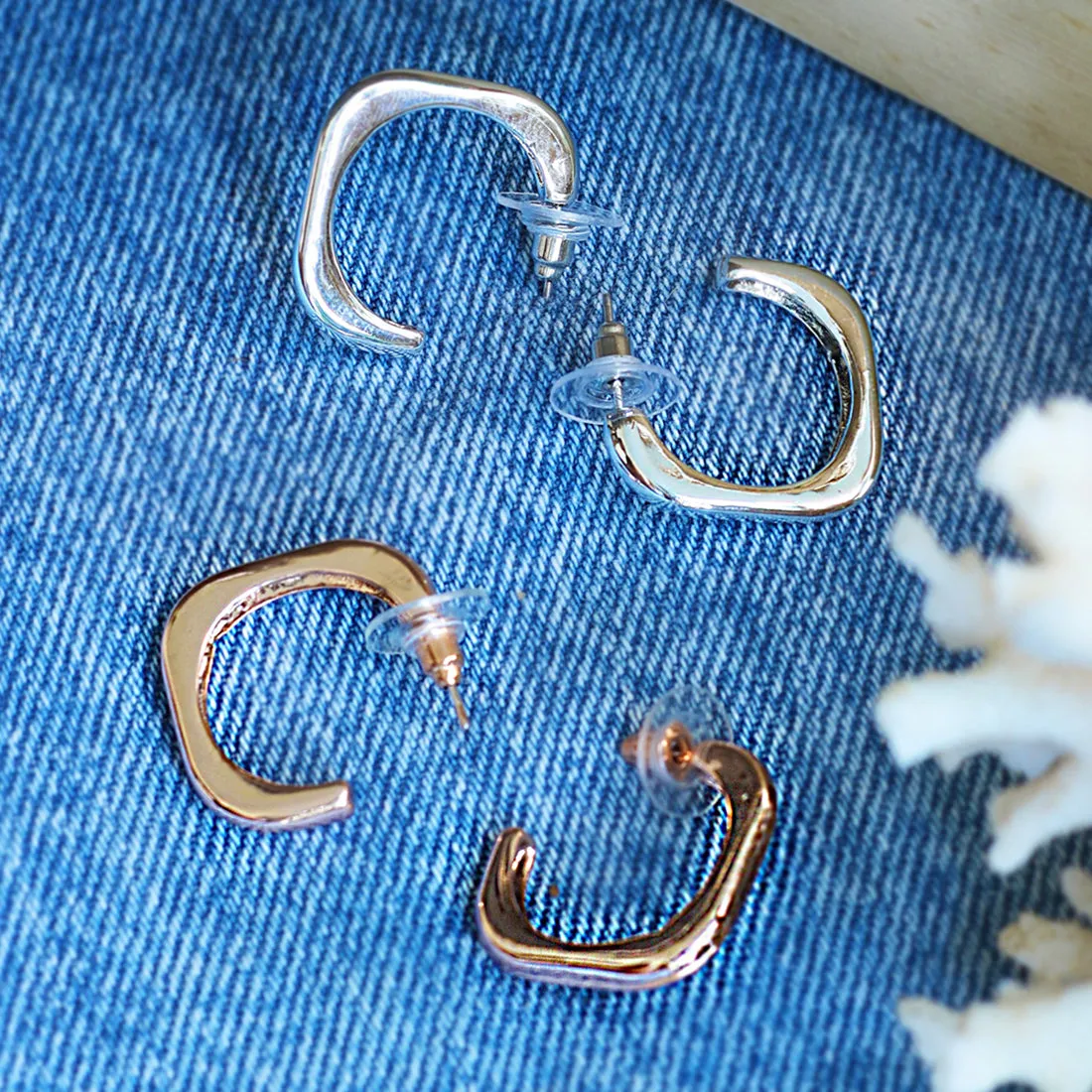 Set Of 2 Rose Gold & Silver Rounded Square Open-Hoop Earrings