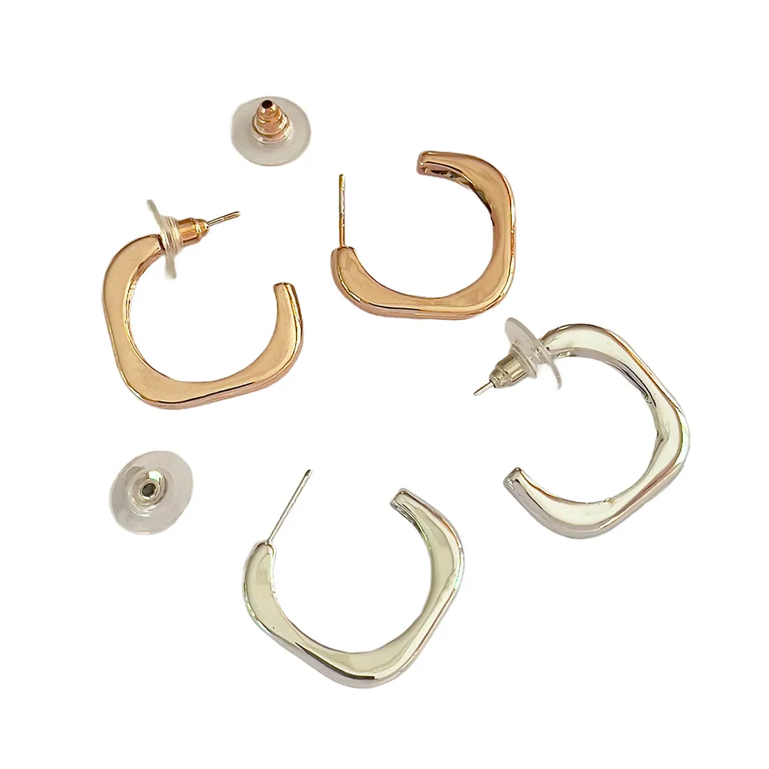 Set Of 2 Rose Gold & Silver Rounded Square Open-Hoop Earrings