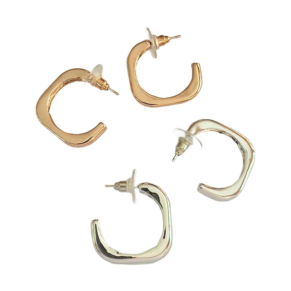 Set Of 2 Rose Gold & Silver Rounded Square Open-Hoop Earrings