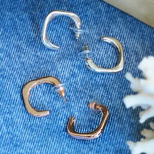 Set Of 2 Rose Gold & Silver Rounded Square Open-Hoop Earrings