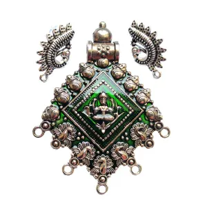 Silver German Silver Pendant Set with Green Enamel Work