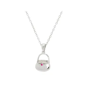 Silver Rhodium Plated Teen Purse Pendant   Necklace 16"  2" Cubic Zirconias and Rubi  Pave