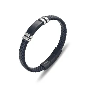 Stainless steel men's black leather bangle with steel details