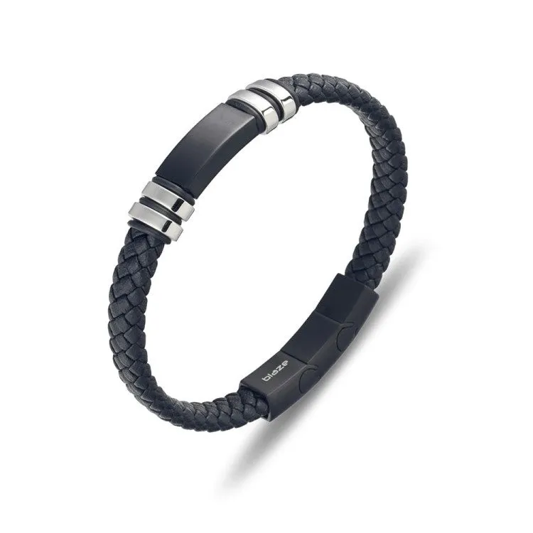 Stainless steel men's black leather bangle with steel details