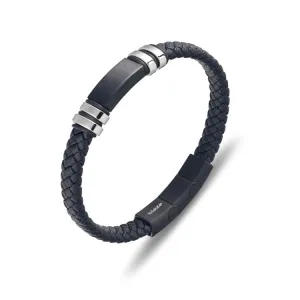 Stainless steel men's black leather bangle with steel details