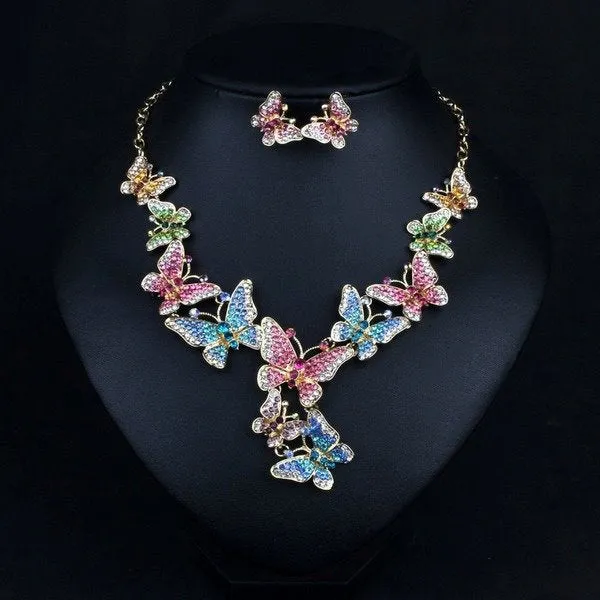 Wholesale colorful wedding, dress Crystal Necklace earrings set MOQ≥2 JDC-ST-Qianm003