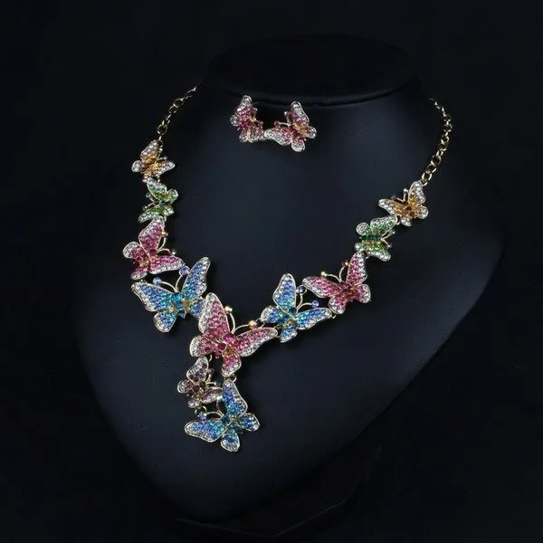 Wholesale colorful wedding, dress Crystal Necklace earrings set MOQ≥2 JDC-ST-Qianm003